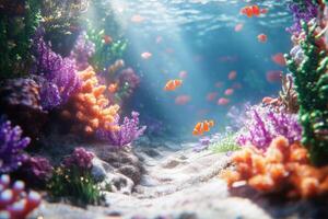 Colorful coral reef teeming with life in clear water photo
