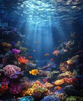 Vibrant coral reef teeming with tropical fish in clear water photo