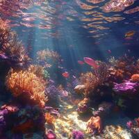 Colorful coral reef teeming with fish in clear blue water photo
