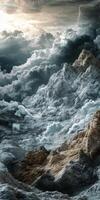 Majestic mountain peaks rise above turbulent stormy clouds photo