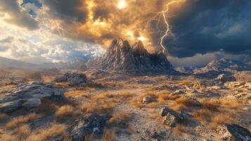 Dramatic landscape with mountains and lightning at sunset photo