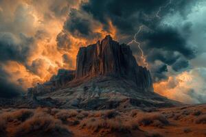 Dramatic thunderstorm over a majestic desert rock formation photo