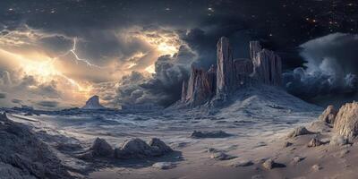 Stunning desert landscape with dramatic clouds and lightning photo