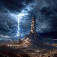 Majestic rock formations illuminated by lightning at dusk photo