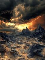 Dramatic landscape with stormy skies and lightning strikes photo