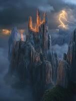 Majestic rocky peaks illuminated by lightning at dusk photo