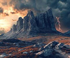 Dramatic mountain landscape under stormy sky at dusk photo