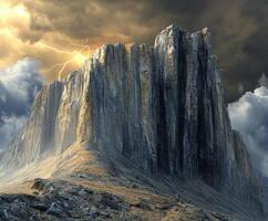 Majestic mountain peak illuminated by lightning storm photo