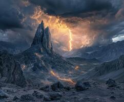 Dramatic landscape with lightning striking mountain peak photo