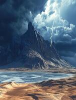 Dramatic mountain landscape under stormy skies and lightning photo