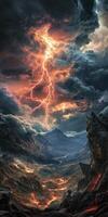 Dramatic thunderstorm illuminates mountain valley at dusk photo