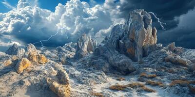Nature's dramatic display of rocks and stormy skies photo