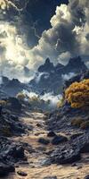 Majestic mountain landscape with dramatic clouds and foliage photo