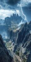 Majestic mountains under stormy skies with lightning strikes photo