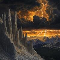 Dark clouds and lightning illuminate rugged mountain peaks photo