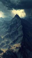 Majestic mountain range under stormy sky with lightning photo