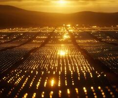 Golden sunlight illuminating solar panels at sunset photo