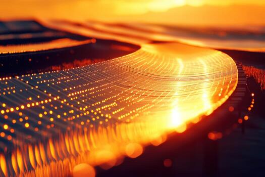 Sunset glow reflects on solar panels in a renewable energy field photo