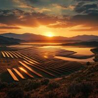 Solar panels reflect the vibrant sunset over calm waters photo