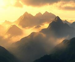 Mountains bathed in golden light during sunset moments photo
