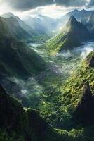 Lush green valley surrounded by mountains at sunrise photo