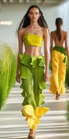 Stylish models showcase vibrant designs on fashion runway photo