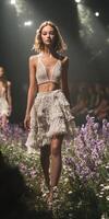 Models showcase summer collection on floral runway photo