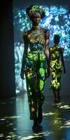 Model showcases vibrant floral designs on runway at fashion event photo
