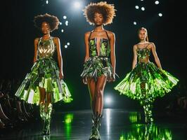 Models showcase vibrant designs on fashion runway at night photo