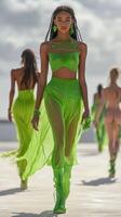 Models showcase vibrant green fashion on the runway in daylight photo