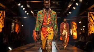 Runway show features vibrant fashion designs in urban setting photo