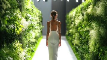 Fashion model walks down a vibrant runway with greenery photo