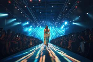 Fashion model walks down runway at vibrant show event photo