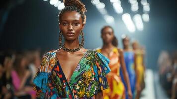 Fashion model walks the runway during vibrant summer showcase photo