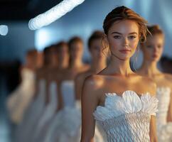 Stunning models showcase elegant dresses on fashion runway photo