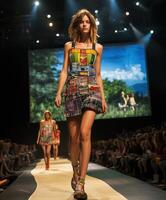 Fashion models showcase colorful attire on the runway photo