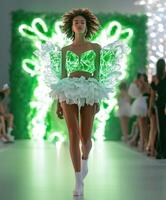 Fashion model showcases vibrant design on runway photo