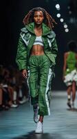 Vibrant fashion runway showcase featuring bold green outfits photo