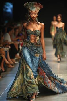 Runway showcase features stunning dress with vibrant patterns photo