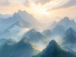 A mountain range with fog and mountains in the background photo