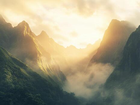 A mountain range with fog and mountains photo