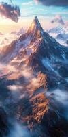 A mountain range with clouds and snow photo