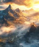 The sun is setting over a mountain range photo