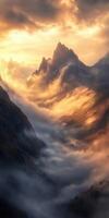 A beautiful sunset over the mountains with clouds photo