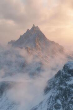 A mountain range covered in snow and fog photo