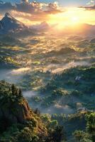 The sun rises over a valley with trees and mountains photo