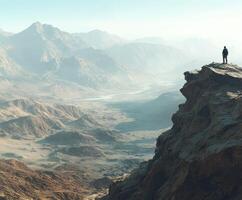 A man standing on top of a mountain overlooking the valley photo