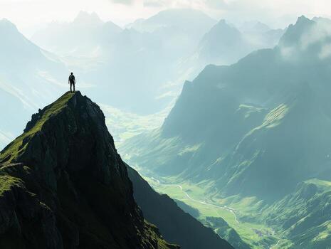 A man standing on top of a mountain overlooking the valley photo