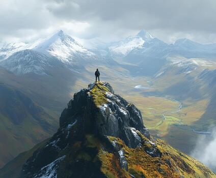 A man stands on top of a mountain overlooking a valley photo
