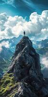 Man standing on top of mountain with clouds and blue sky photo